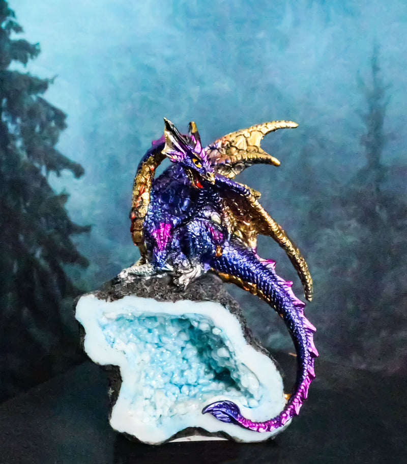 Azure Blue Iridescent Dragon On Faux Geode Rock Quartz Crystal Cove Figurine 5"H