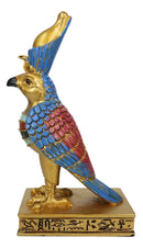 Egyptian God Horus Falcon Bird With Pschent Crown On Royal Pedestal Figurine