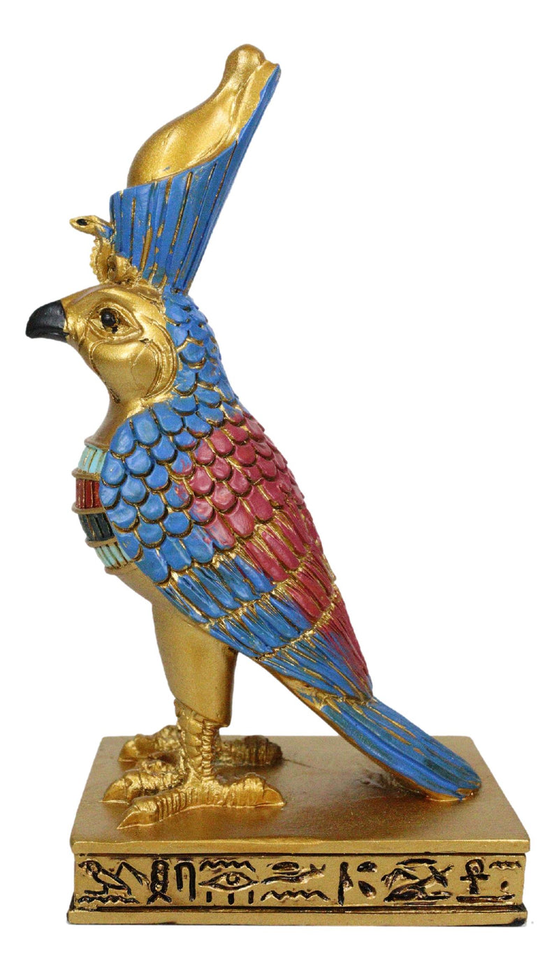 Egyptian God Horus Falcon Bird With Pschent Crown On Royal Pedestal Figurine