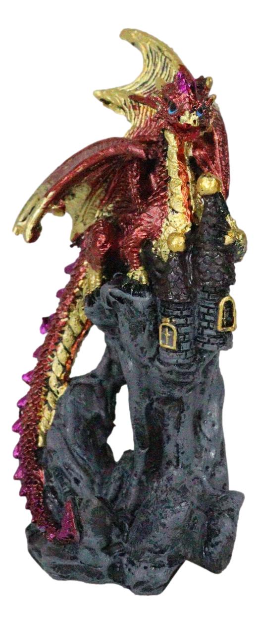 Metallic Crimson Red Dragon Guarding Castle Tower On Mountain Cliff Figurine