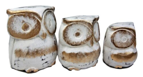 Balinese Wood Handicrafts White & Gold Forest Owl Family Set of 3 Figurines 4"H