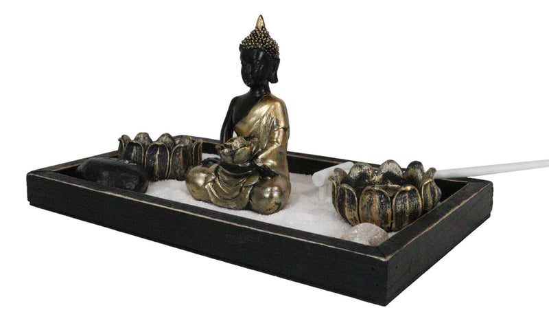 Meditating Gold Robe Buddha Zen Garden Kit With Lotus Candle Holders Sand Rake