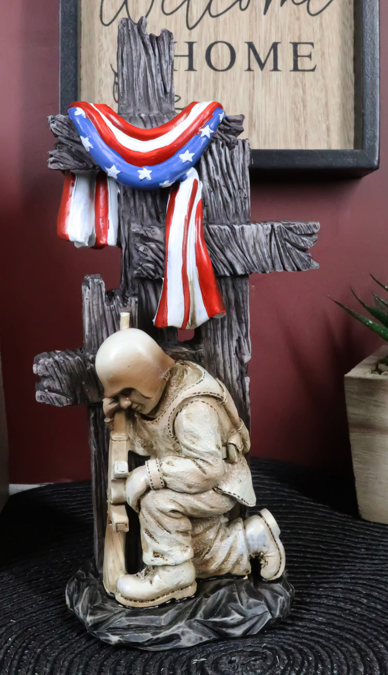 Kneeling Soldier In Prayer By 3 Rugged Crosses American Flag Memorial Figurine