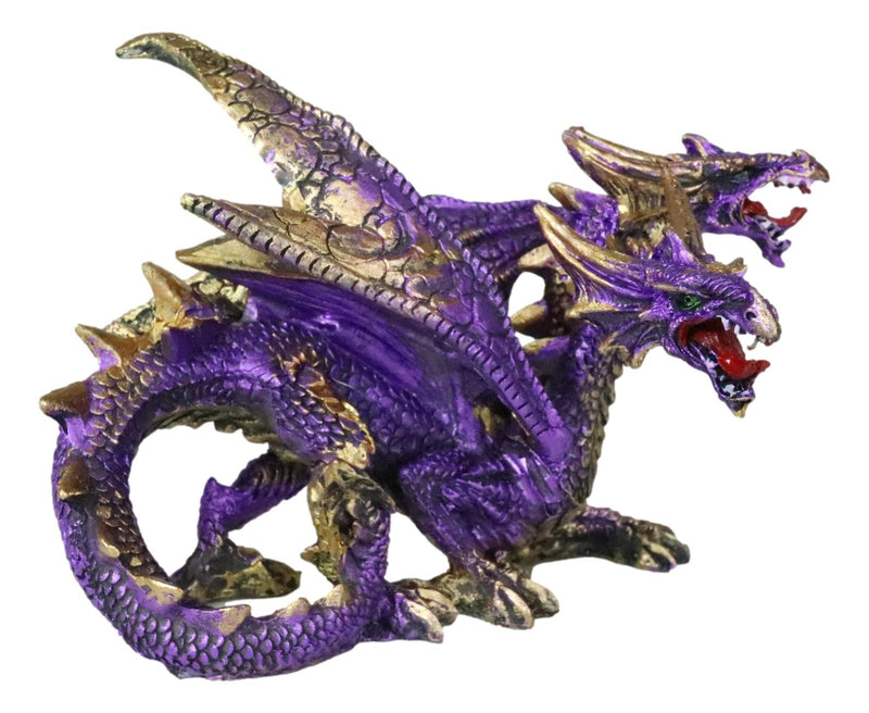 Metallic Purple And Gold Fantasy Double Headed Hydra Dragons Crouching Figurine