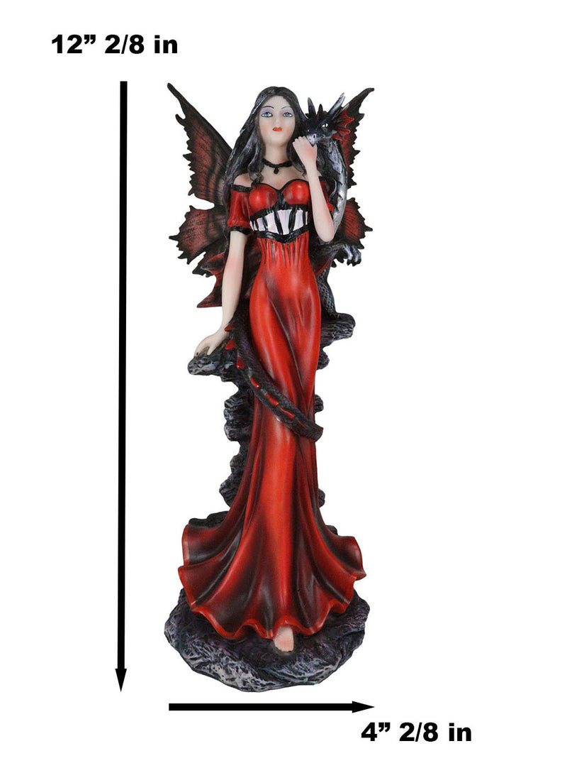 Butterfly Winged Elf Fairy In Red Evening Gown With Midnight Dragon Figurine