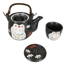 Ebros Japanese Maneki Neko Cat Black Tea Set Pot and Cups Serves 4 Ceramic Decor