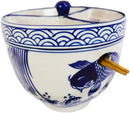 Blue White Koi Fish Ramen Bowl With Tempura Divider Condiment Lid Chopsticks Set