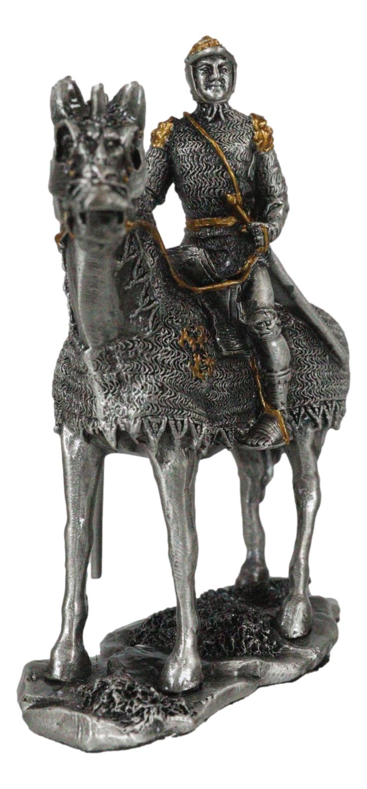 Pewter Metal Medieval Suit Of Armor Knight On Horse With Spear Axe Figurine