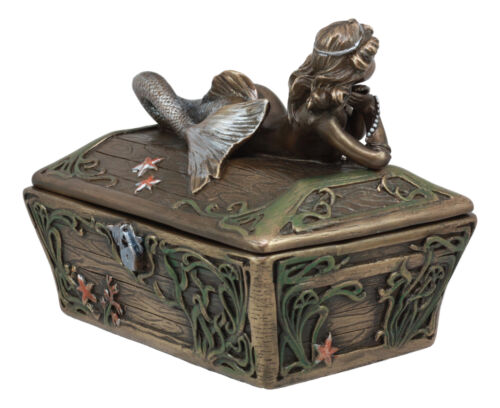 Beautiful Mermaid Resting On Sunken Treasure Chest Trinket Jewelry Box Figurine