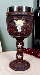 Western Cow Skull Western Stars Floral Scroll Faux Tooled Leather Wine Goblet