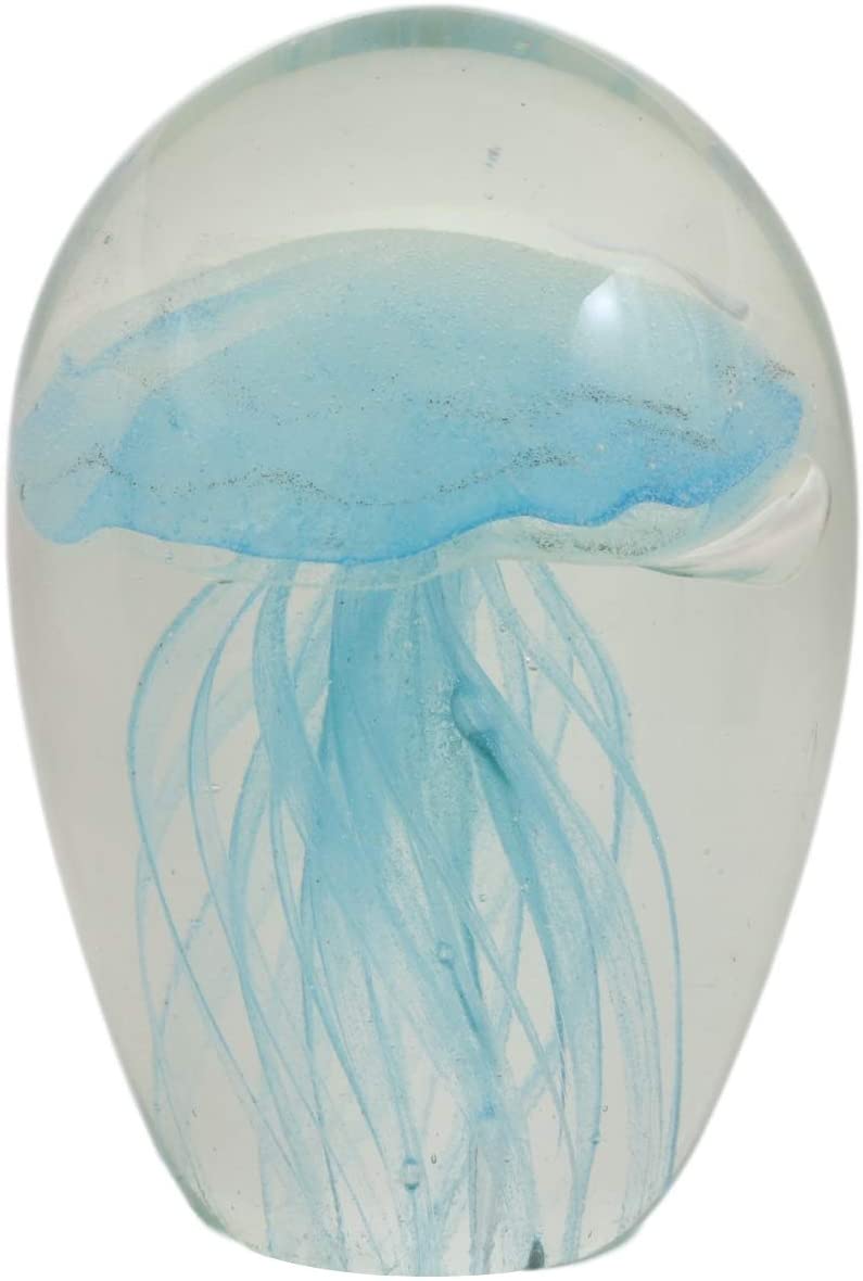 Ebros Art Glass Glow in The Dark Translucent Jellyfish & LED Base (Light Blue)