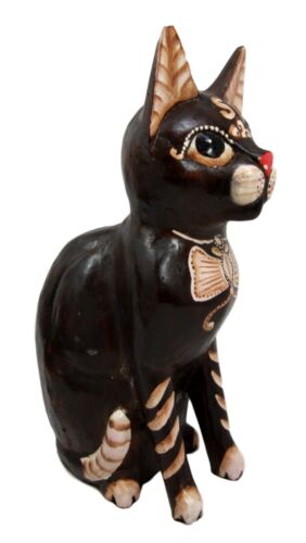 Balinese Wood Handicrafts Adorable Feline Cat With Butterfly Bow Tie Figurine