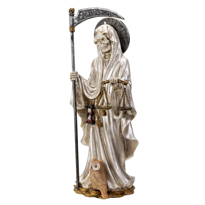 Standing White Santa Muerte With Scythe Scales of Justice And Wise Owl Figurine