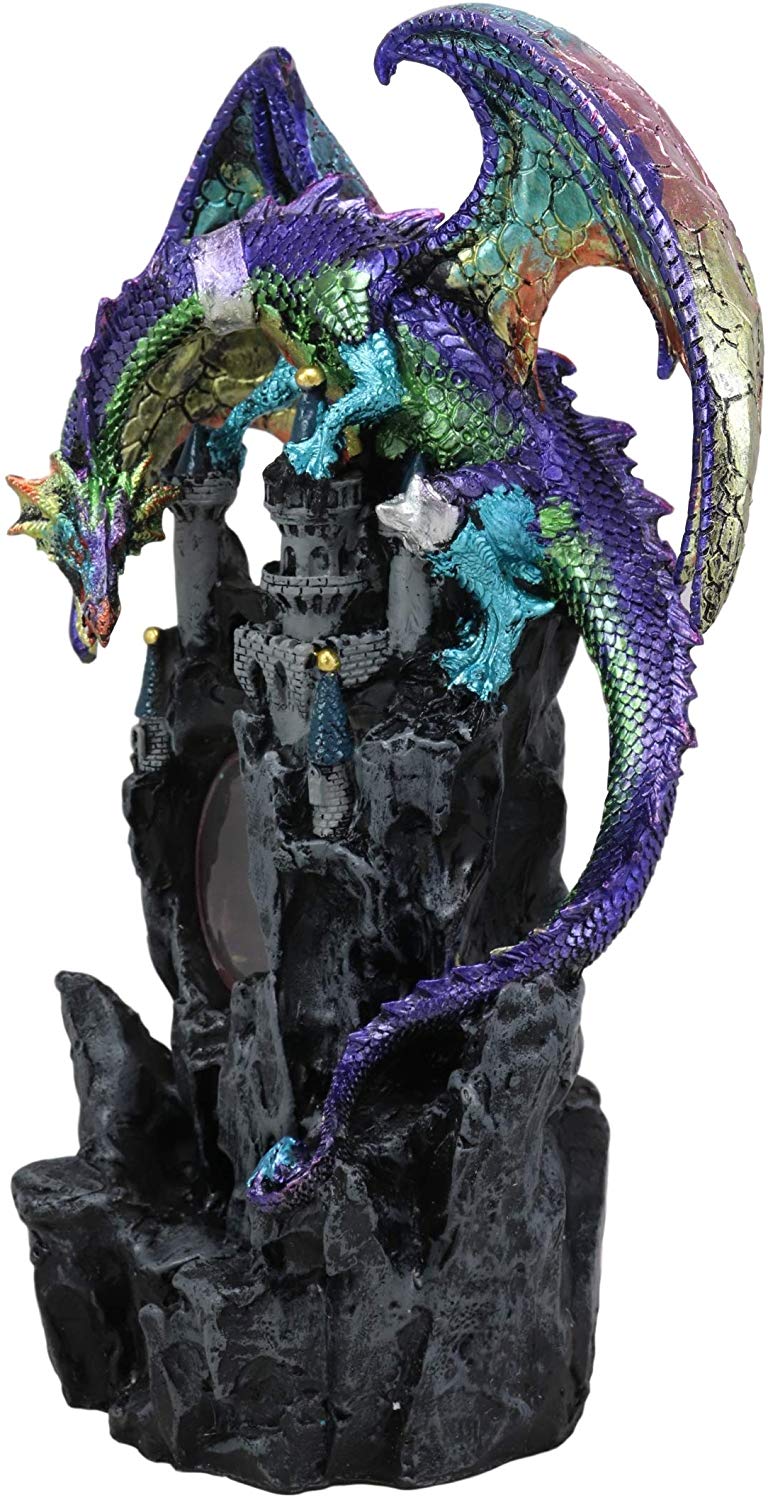 Large Rainbow Dragon On Castle Statue With Wyrmling In Egg LED Light Glass Ball