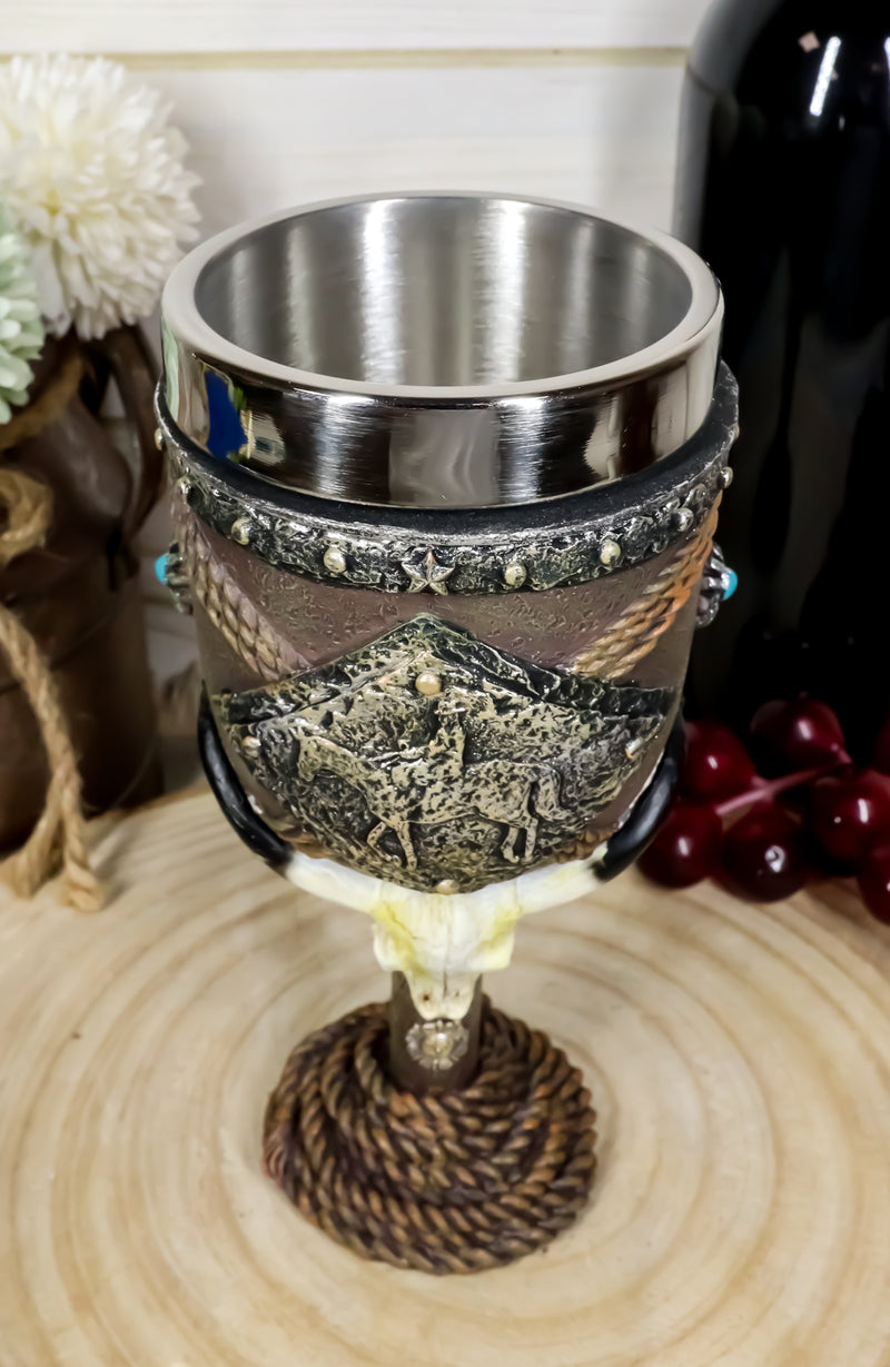 Western Bison Steer Skull With Lasso Ropes Cowboy On Horse Wine Goblet Chalice