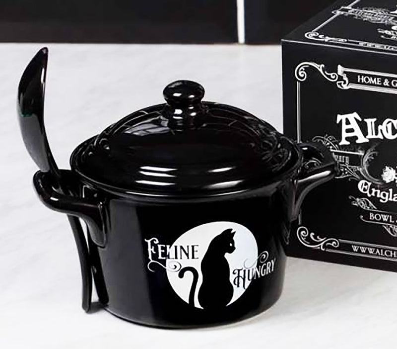 Wicca Full Moon Black Cat Feline Hungry Fine Bone China Bowl With Spoon And Lid