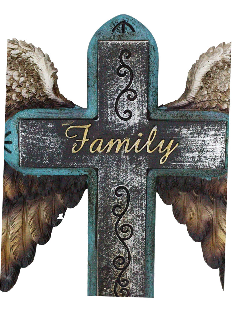 Rustic Western Scroll Art Angel Winged Family Distressed Faux Wood Wall Cross