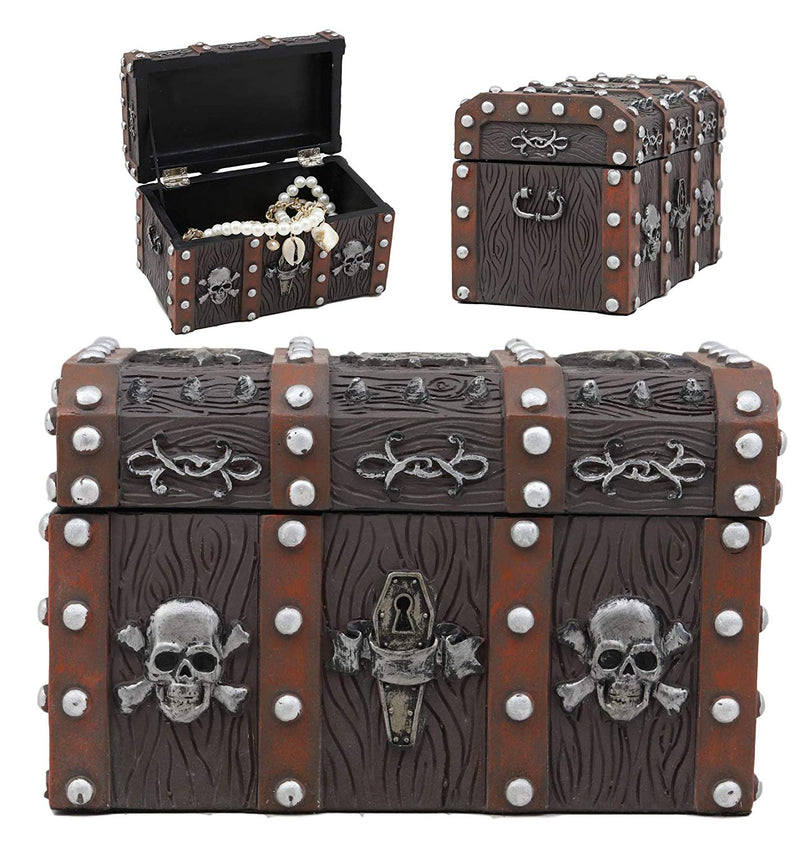 Ebros Gift Haunted Caribbean Pirate Skull with Crossbones Small Treasure Chest Box Jewelry Box Figurine 6 Inches Long Nautical Coastal Ocean Spooky Halloween Macabre Themed Decor