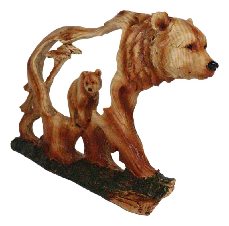 Rustic Wildlife Black Bear With Cub Scene Faux Wood Carving Cutout Figurine