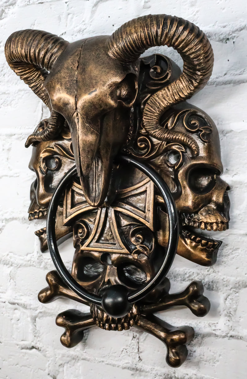 Demon Horned Ram Cranium Skull With Crossed Bone Skulls Decorative Door Knocker