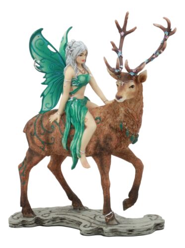 Large Enchanted Silver Haired Fairy Riding On Mythical Stag Elk Statue 9.5"Tall