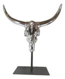 23"H Large Rustic Chrome Plated Longhorn Bull Steer Skull Resin Desktop Plaque