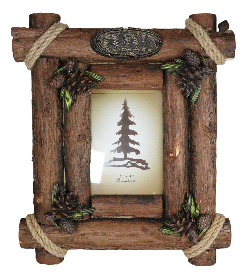 Rustic Western Autumn Fall Festive Pinecones With Wooden Log Picture Frame 5"X7"