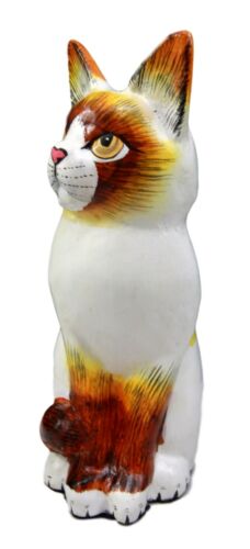 Balinese Wood Handicrafts Adorable White Feline Cat Purr Pet Figurine 8"H