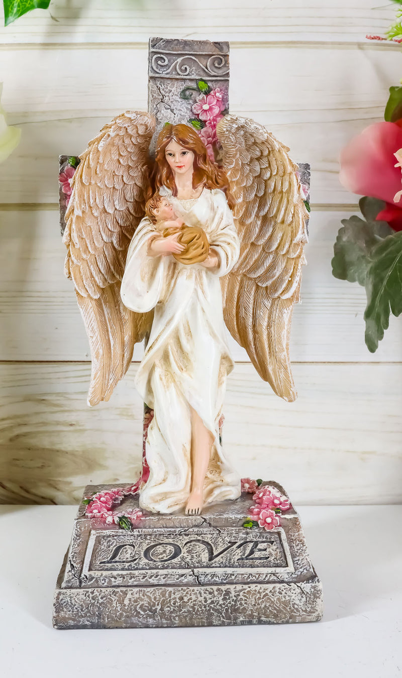 Ebros Christian Inspirational Love Angel With Rose Cross Desktop Plaque Figurine