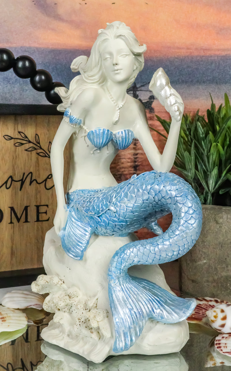 Nautical Aqua Capiz Blue Tailed Mermaid Holding Pearl In Clam