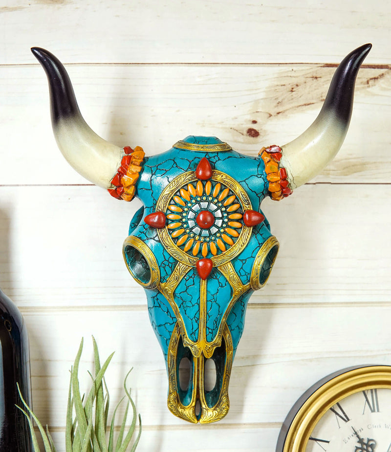 Southwest Steer Bison Cow Aztec Sun Gold And Turquoise Mosaic Skull Wall Decor