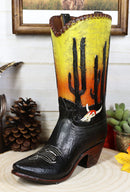 Western Desert Sunrise Dawn Cactus And Cow Skull Cowboy Boot Vase Sculpture