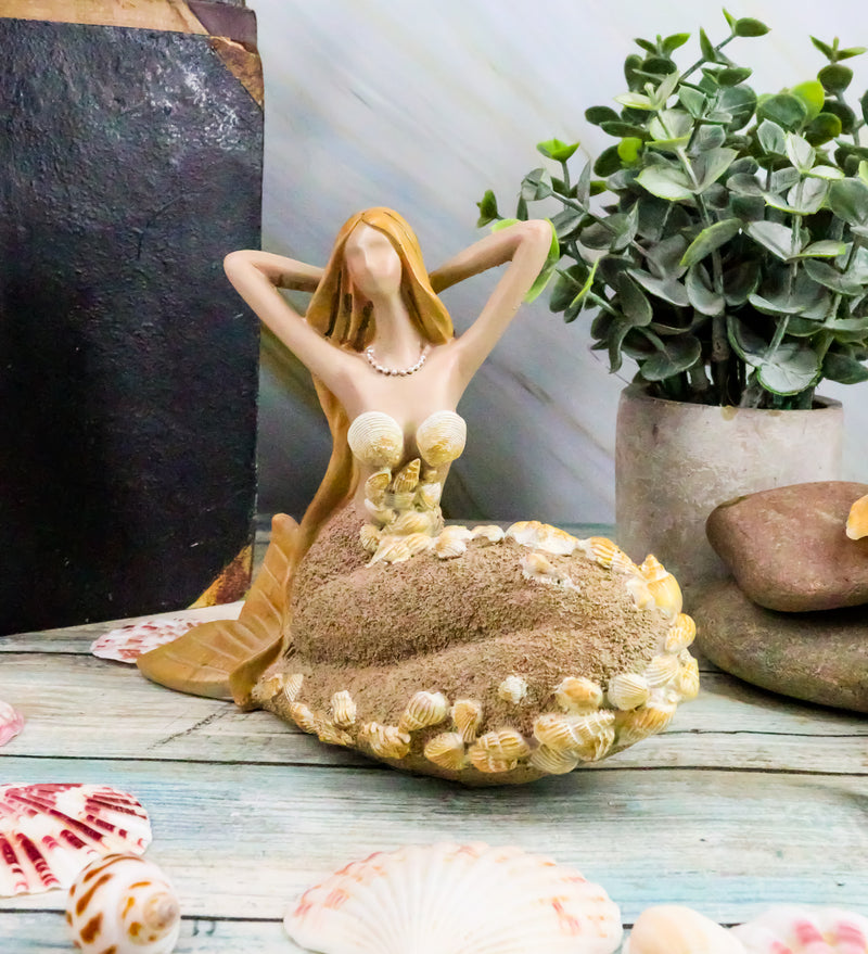 Blue Mermaid Girl In Clam Shell Holding Seashell Figurine 6.75