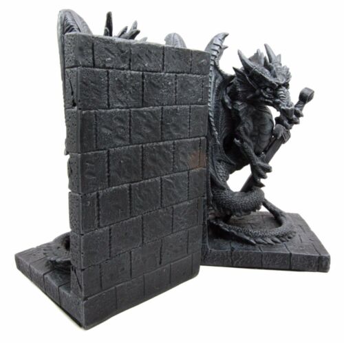 Gothic Excalibur Sword Guardian Dragon Bookend Set of Two Figurine Faux Stone