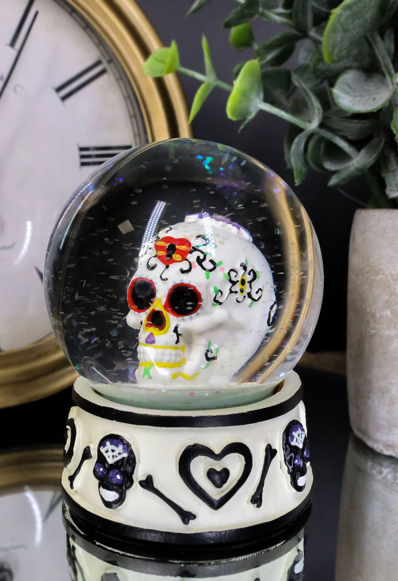 Black And White Hearts And Bones Day of the Dead Sugar Skull Small Water Globe