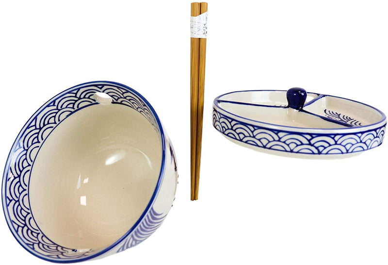 Blue White Koi Fish Ramen Bowl With Tempura Divider Condiment Lid Chopsticks Set