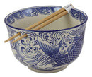 Ming Style Feng Shui Koi Fish 6"D Pho Ramen Soup Rice Bowl With Chopsticks Set