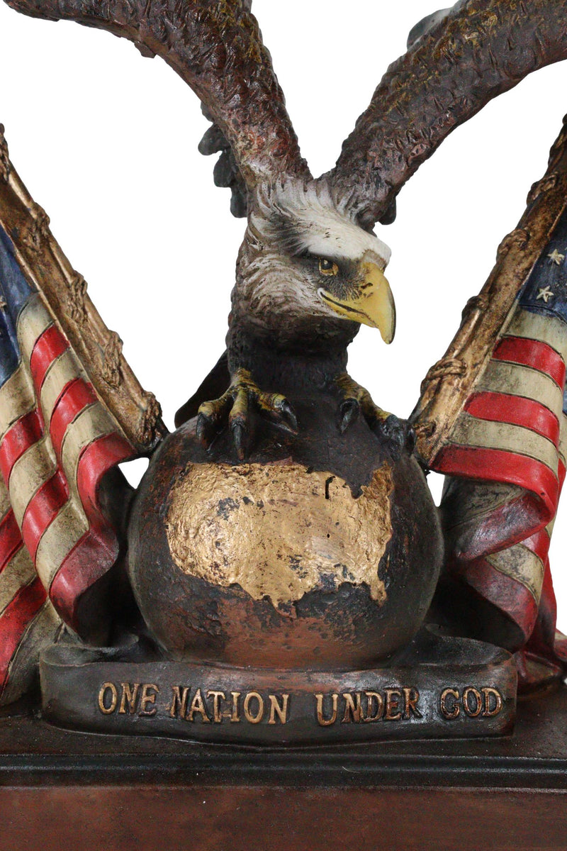 Bald Eagle On Map Of America Globe With 2 Flags Figurine One Nation Under God