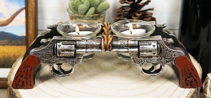 Rustic Western Outlaw Dual Revolver Pistol Guns Tea Light Votives Candle Holder
