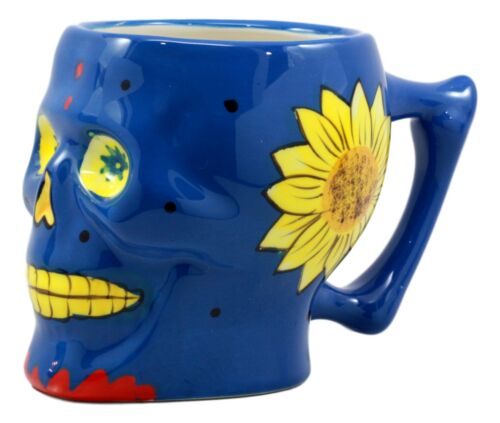 Blue Day of The Dead Floral Sugar Skull Coffee Mug In Bright Colors Drink  Cup