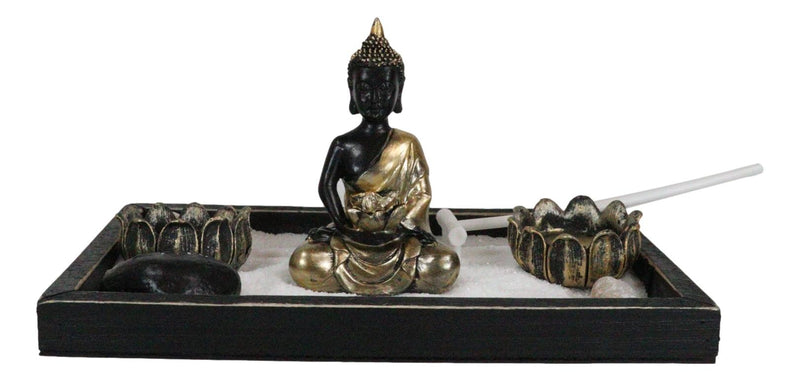 Meditating Gold Robe Buddha Zen Garden Kit With Lotus Candle Holders Sand Rake