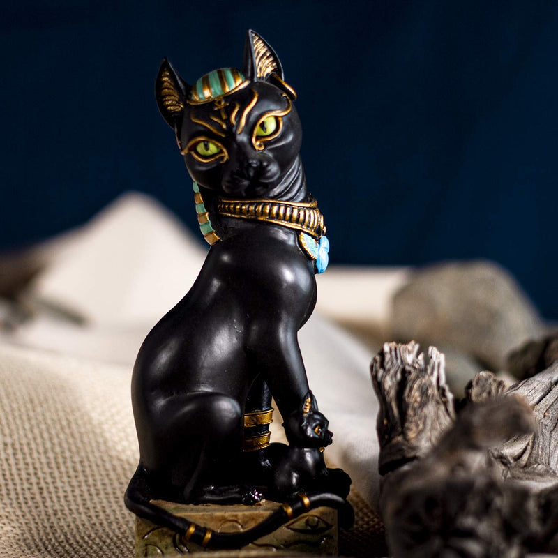 Egyptian Goddess Sitting Cat Bastet Mother With Kittens Statue in