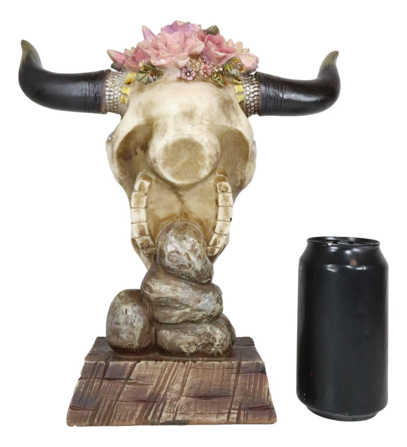 Western Christian Bible Verse Cross Pink Roses Cow Skull Figurine With Base