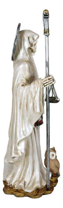 Standing White Santa Muerte With Scythe Scales of Justice And Wise Owl Figurine