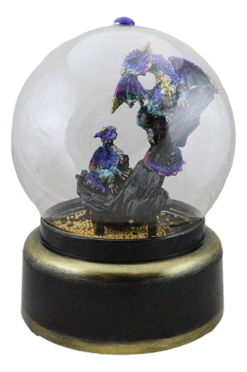 Blue Dragon With Baby Wyrmling Family Musical LED Light Air Powered Glitter Globe