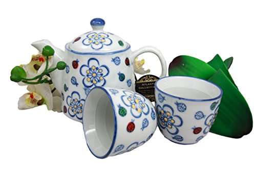 Ebros Colorful Ladybug & Flowers Pattern Glazed Ceramic 16oz Tea Pot & Cups Serves 2