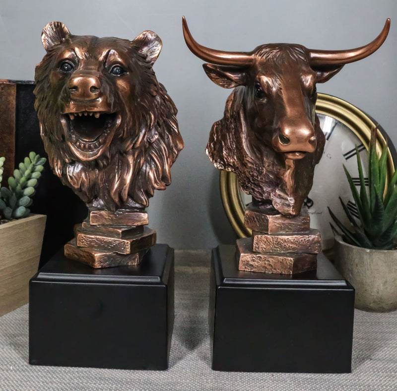 Stock Market Roaring Bear And Bull Bust Bronze Electroplated Resin Figurines Set