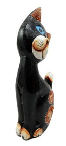 Balinese Wood Handicrafts Adorable Dazed Blue Eyed Feline Cat Figurine 7.25"H