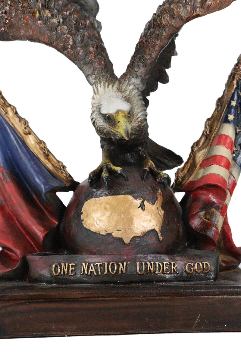 Bald Eagle On Globe With Texas & American Flags Figurine One Nation Under God