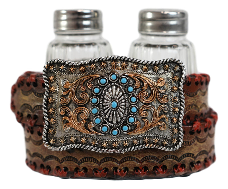 Ebros Western Turquoise Sun & Floral Lace On Belt Buckle Salt Pepper Shakers Set